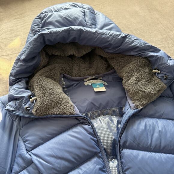 Columbia Women's Hooded Puffer Coat Autumn Mid Jacket Omni Heat Light Blue XS - Picture 13 of 13